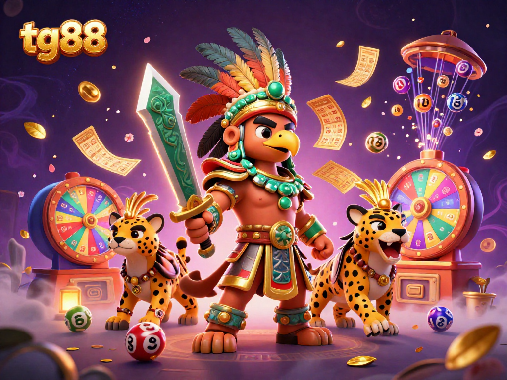 Tg88 brings excitement as an Aztec warrior eagle and his jaguar companion embrace the lottery atmosphere with vibrant game elements.