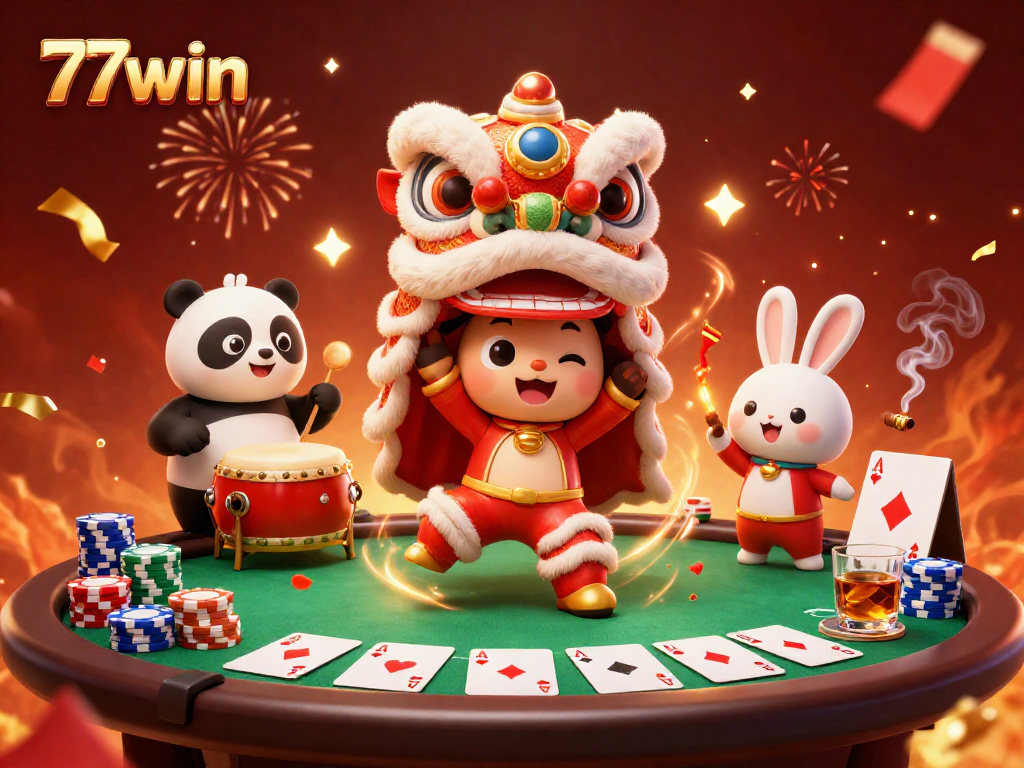 Experience thrilling wins at 77win with a vibrant casino scene featuring dynamic characters and abundant poker elements.