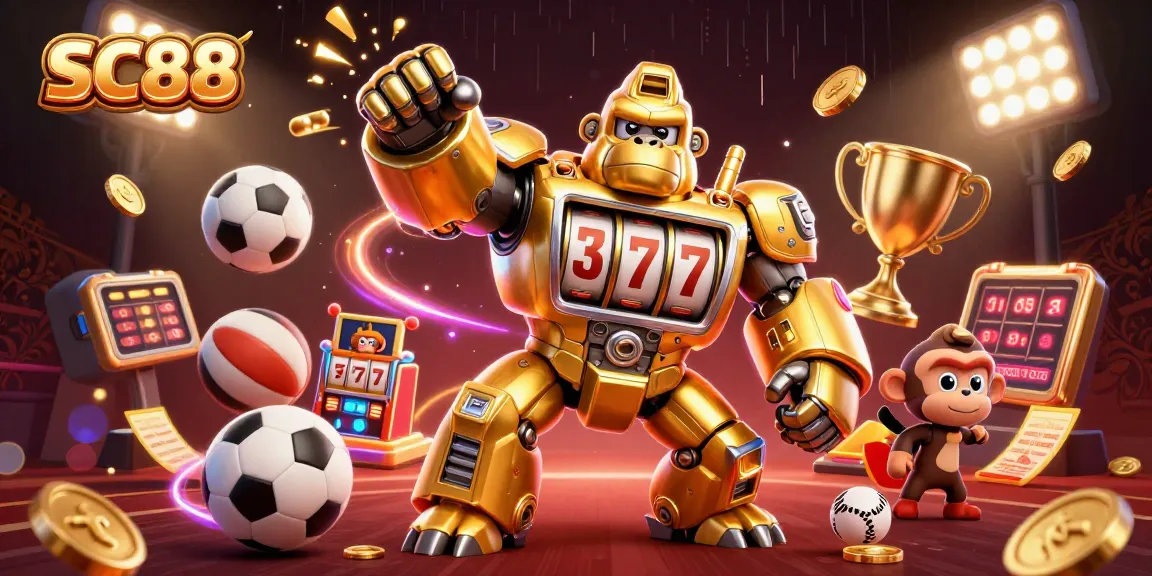 SC88 gaming illustration with a golden gorilla mech and dynamic sports elements flying around