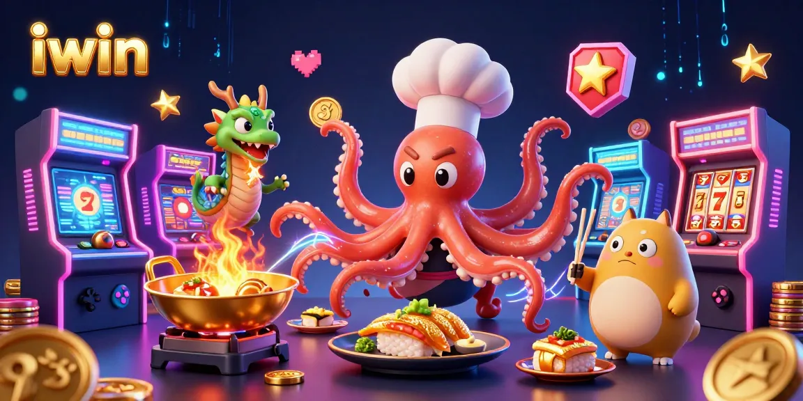 Experience the vibrant iwin casino scene with a sushi chef octopus and magical dragon in this 3D illustration.