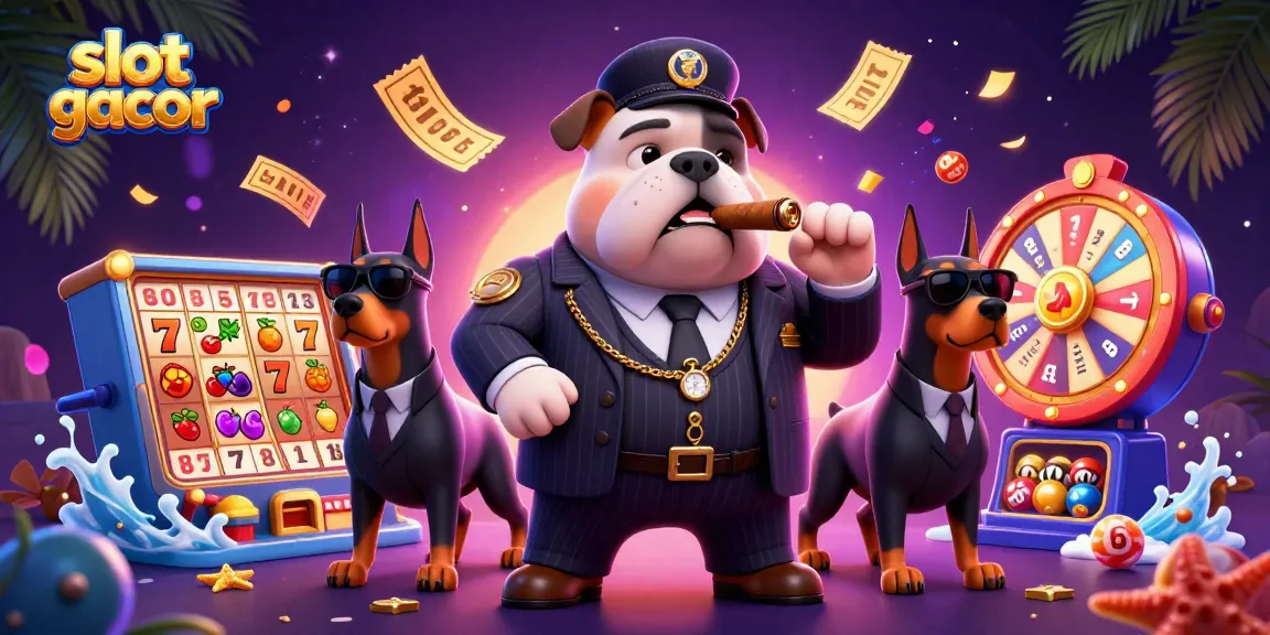 Engage with slot gacor through dynamic 3D illustration of a mafia boss and his bodyguards surrounded by vibrant casino elements.