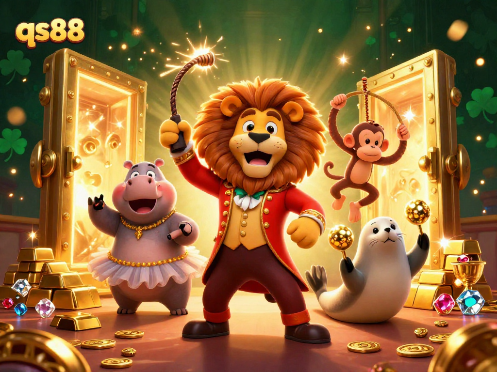 Engage in thrilling gameplay at qs88 with vibrant carnival characters and jackpot treasures.