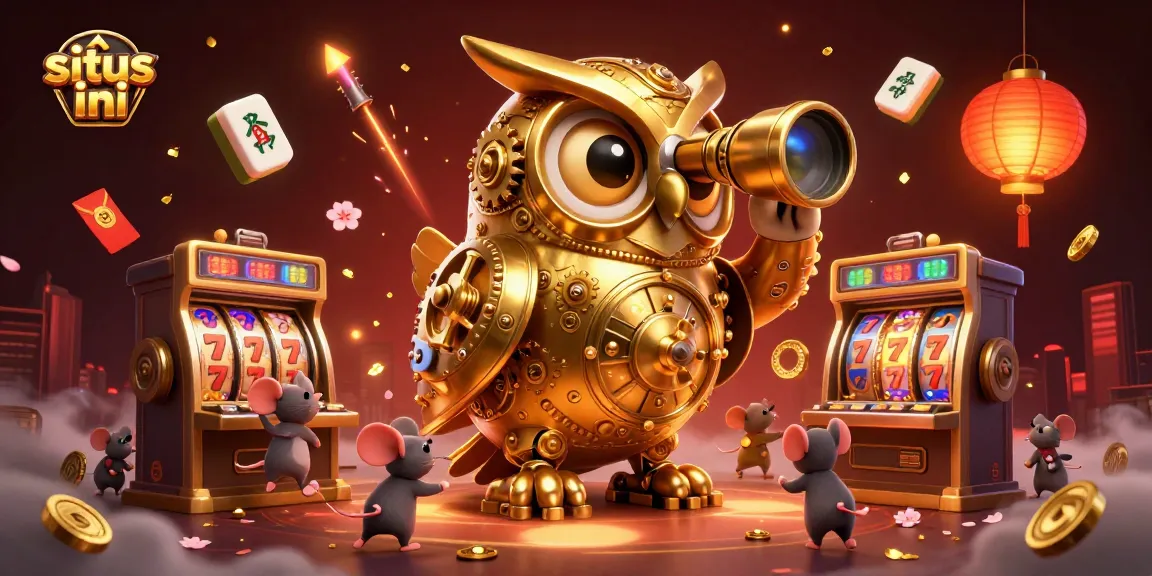Engage in vibrant gaming at situs ini with gold-tinged slot machines and playful characters.