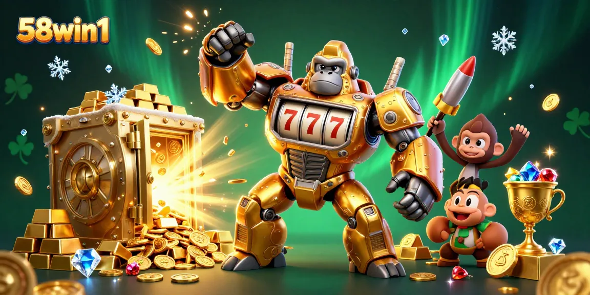 Engage with thrilling 58win1 gaming moments featuring dynamic 3D golden gorilla mech and treasure elements.