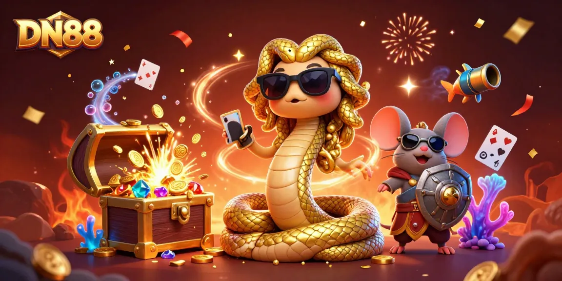 Experience thrilling games at DN88 with vibrant characters celebrating around colorful casino elements.
