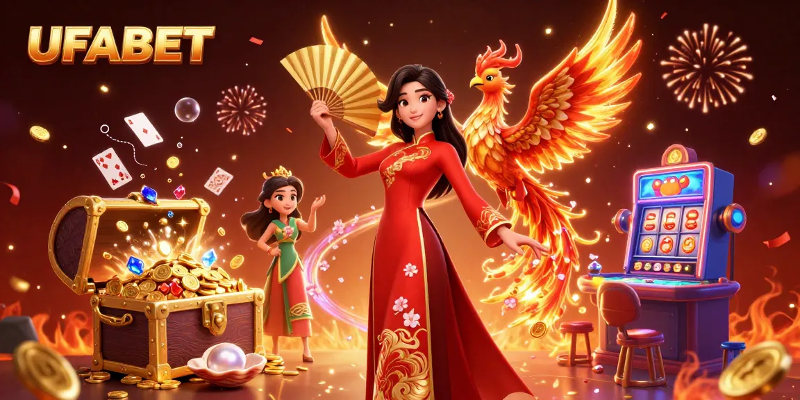 Experience thrilling wins at UFABET with vibrant gaming elements featuring a beautiful woman, a phoenix, and casino icons.