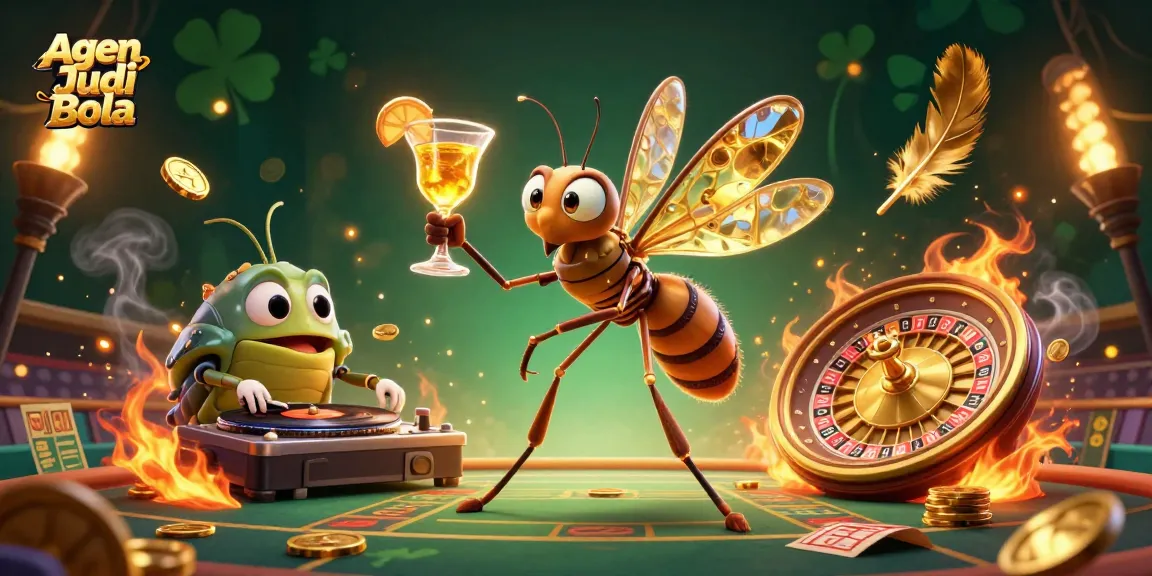 Agen Judi Bola showcases a vibrant sports betting scene with a casino mascot and engaging characters