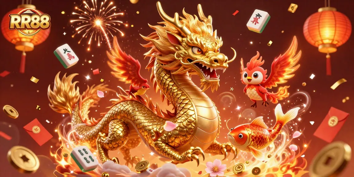 Engage with RR88's vibrant casino scene featuring a golden dragon, phoenix, and koi fish amidst festive elements.