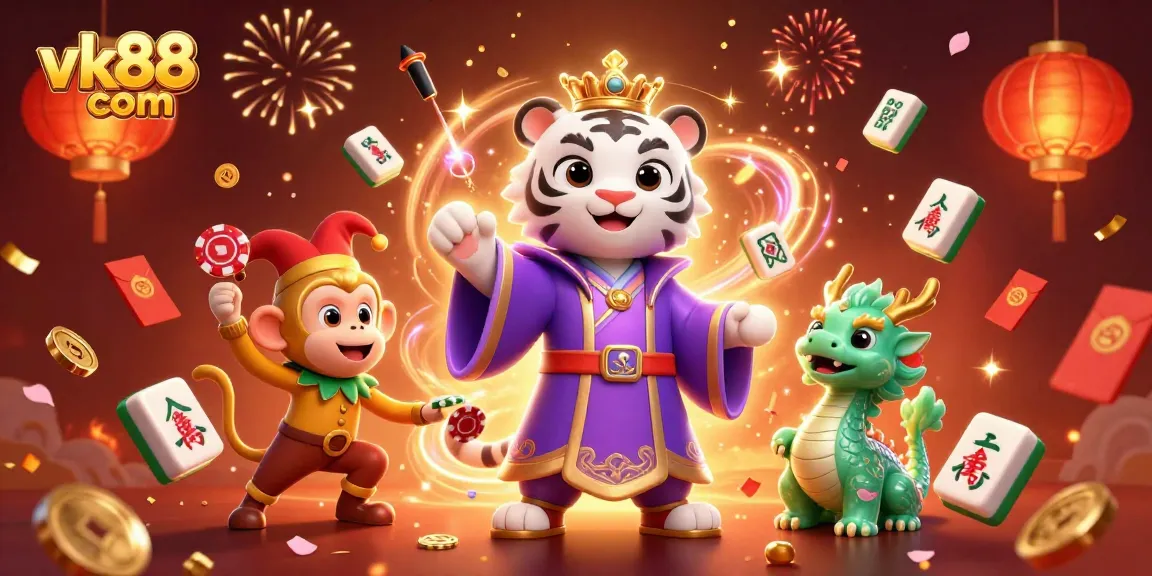 Win big with vk88 com’s exciting live casino games featuring a royal tiger, jester monkey, and jade dragon.