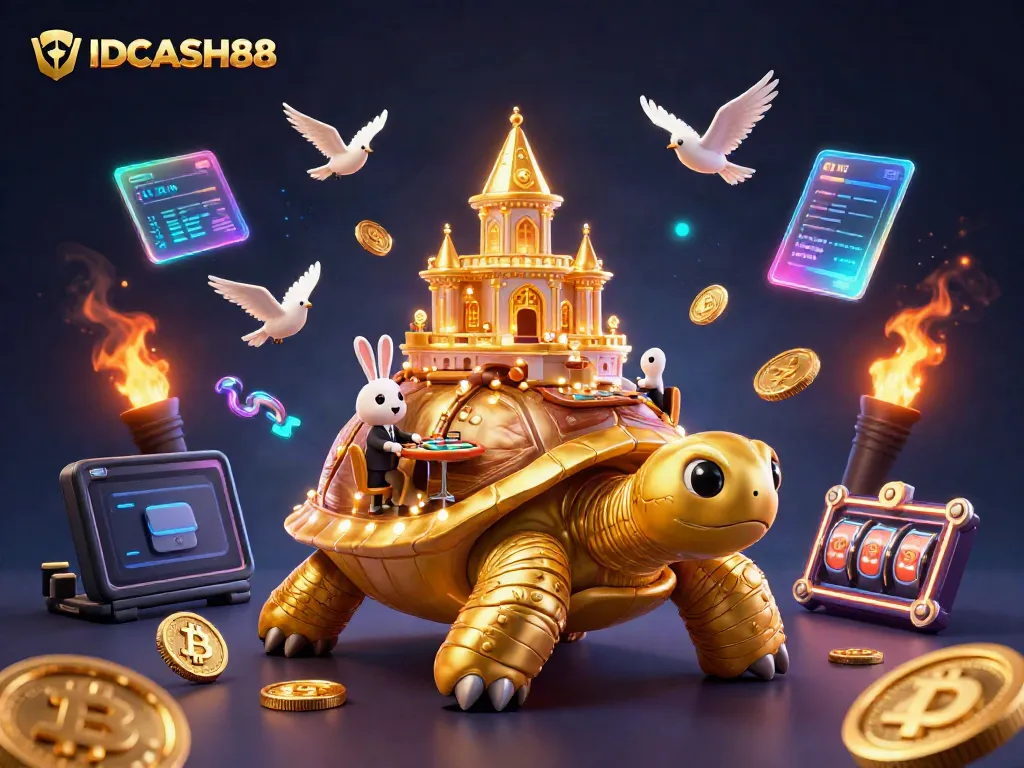 Engage with thrilling slots games at IDCASH88, featuring golden tortoise and rabbit dealer in action.