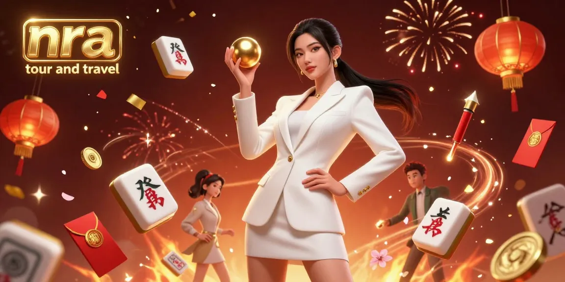 NRA tour and travel showcases a stunning Asian woman promoting luxurious gambling elements in an energetic casino illustration.