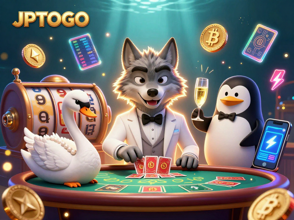 JPTOTO showcases interactive gaming with wildlife characters and vibrant slot elements in a captivating scene.