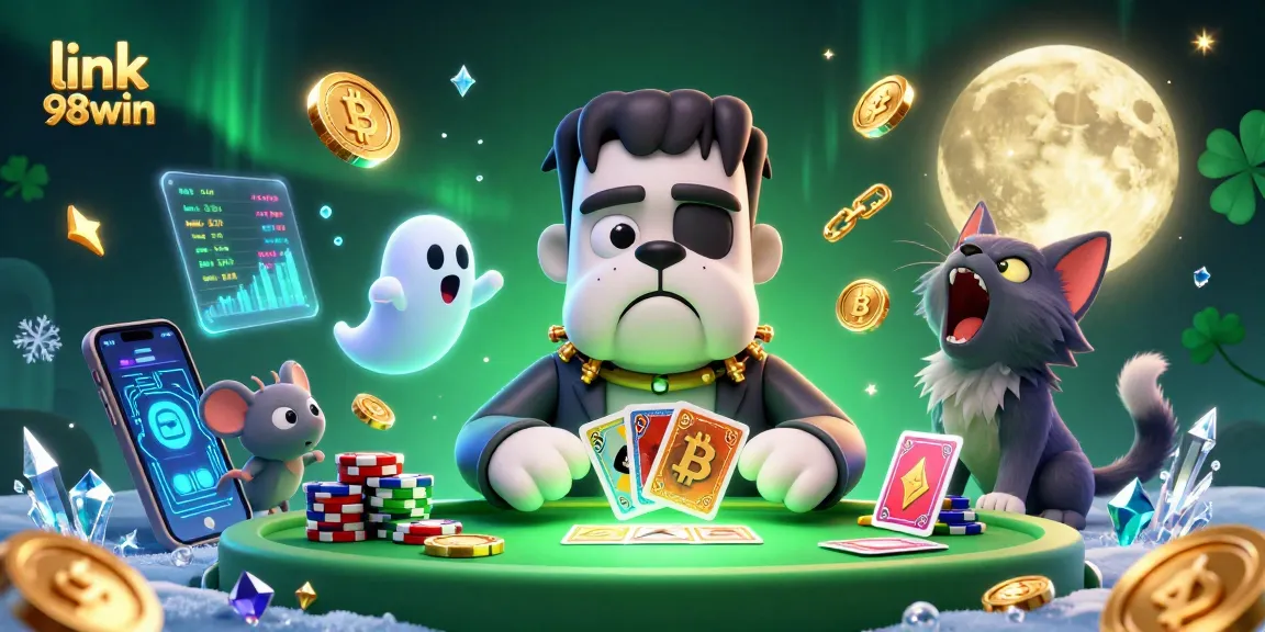 Play exciting games at link 98win, featuring vibrant casino characters and crypto elements.