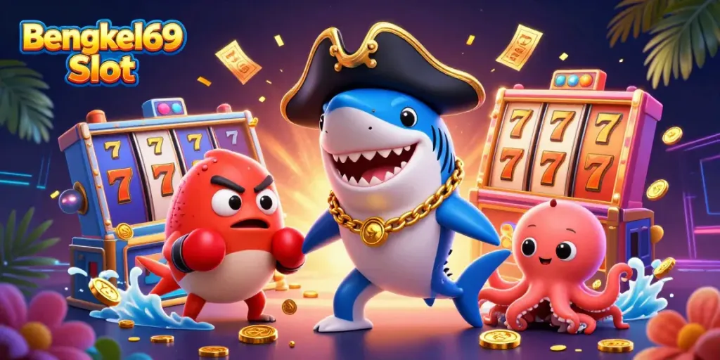 Bengkel69 Slot showcases a pirate shark and friends celebrating with slot machine reels, jackpot symbols, and colorful confetti.