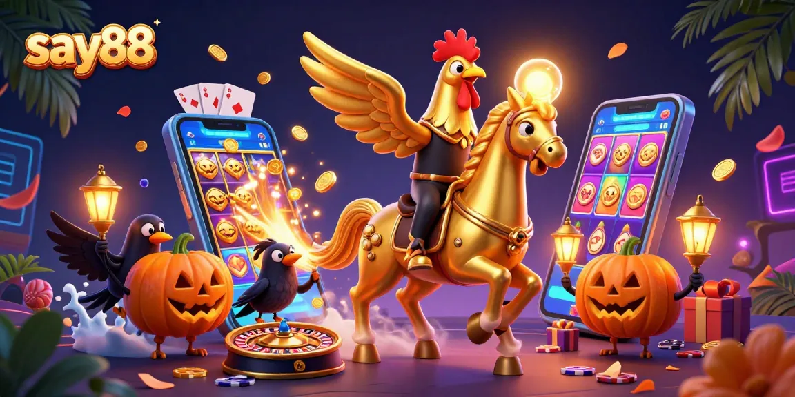 Experience thrilling gameplay at say88 with vibrant golden rooster characters in a lively casino atmosphere.