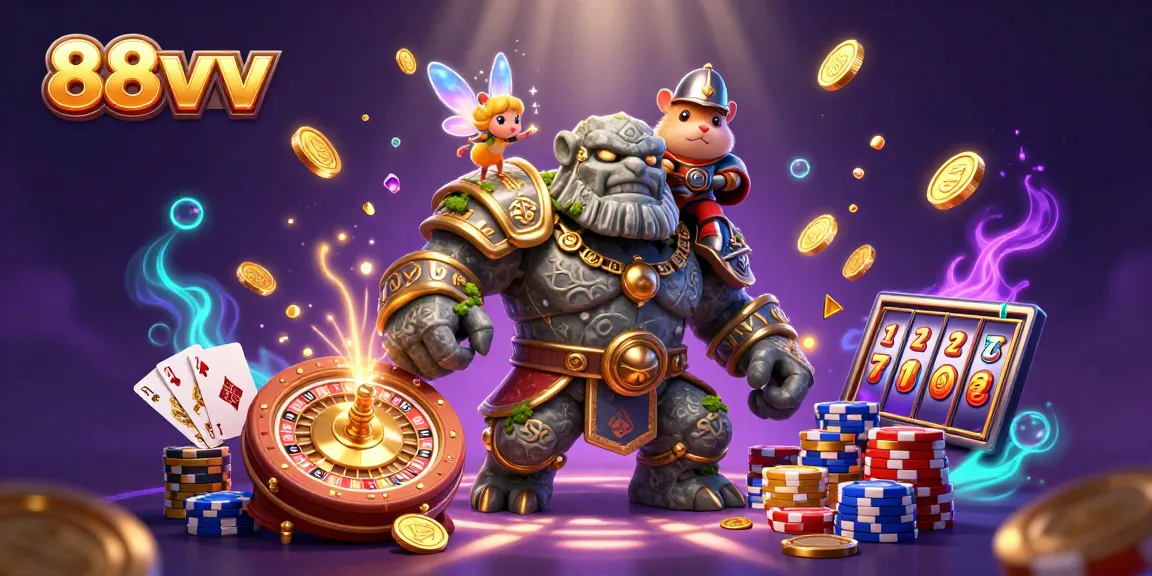Experience thrilling casino magic with 88vv's golem and fairy in an immersive gaming scene.