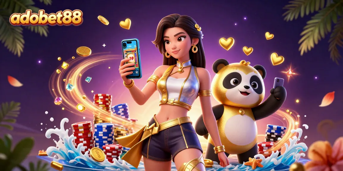 Experience the thrills of adobet88 with a vibrant digital scene featuring slot games and celebrations.