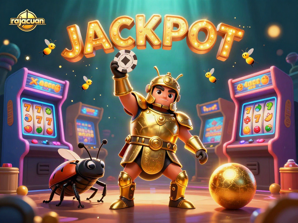 A 3D cartoon hercules beetle triumphantly lifts a poker chip in rajacuan's vibrant casino, surrounded by slot machines and golden sparkles.