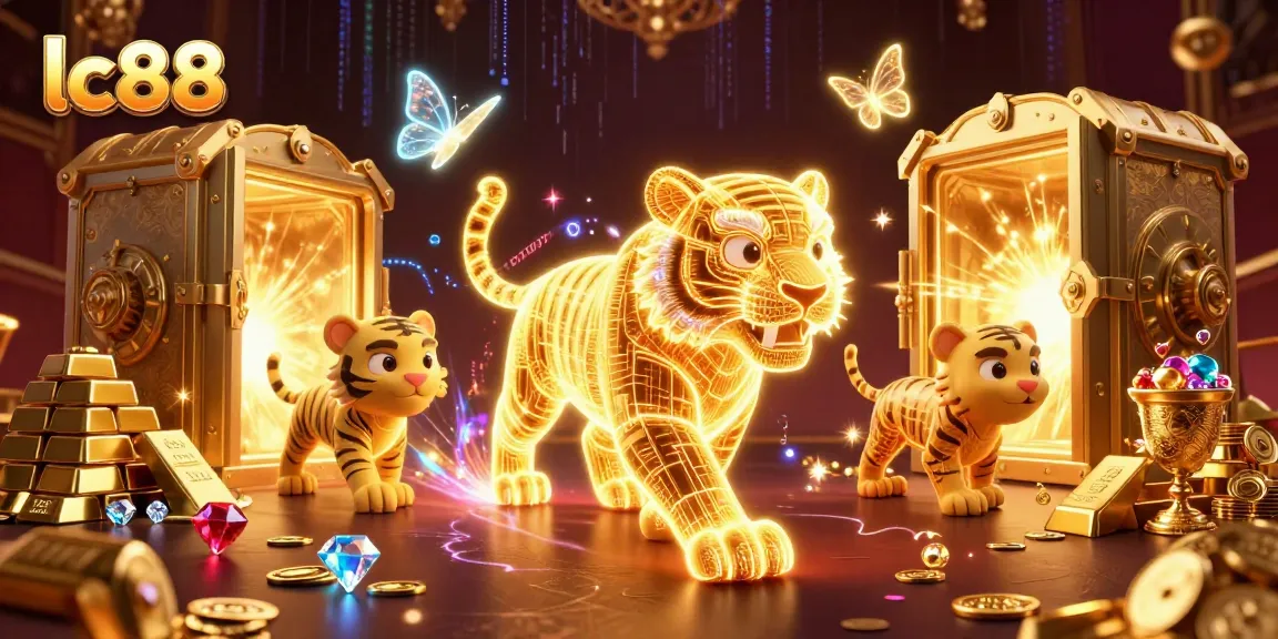Experience thrilling entertainment at lc88 with a neon tiger in a vibrant casino landscape.