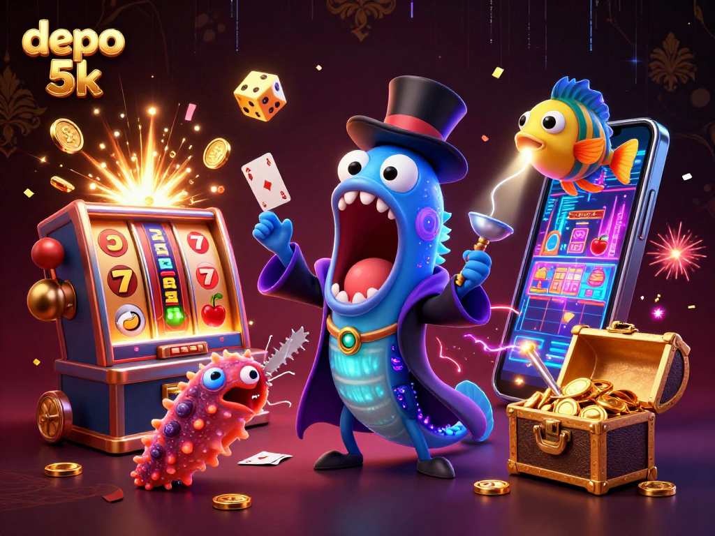 Engage with the depo 5k excitement as a gulper eel performs magical card tricks amidst a dynamic casino scene.