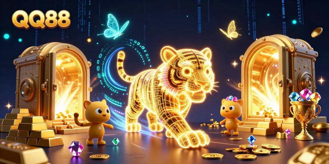 Experience the thrill of QQ88 with golden tiger and treasures illuminating a digital casino.