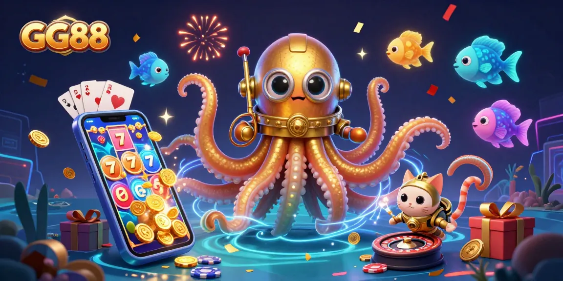 Play exciting games at GG88 while discovering the treasure-filled ocean theme with a kraken and diving cat.