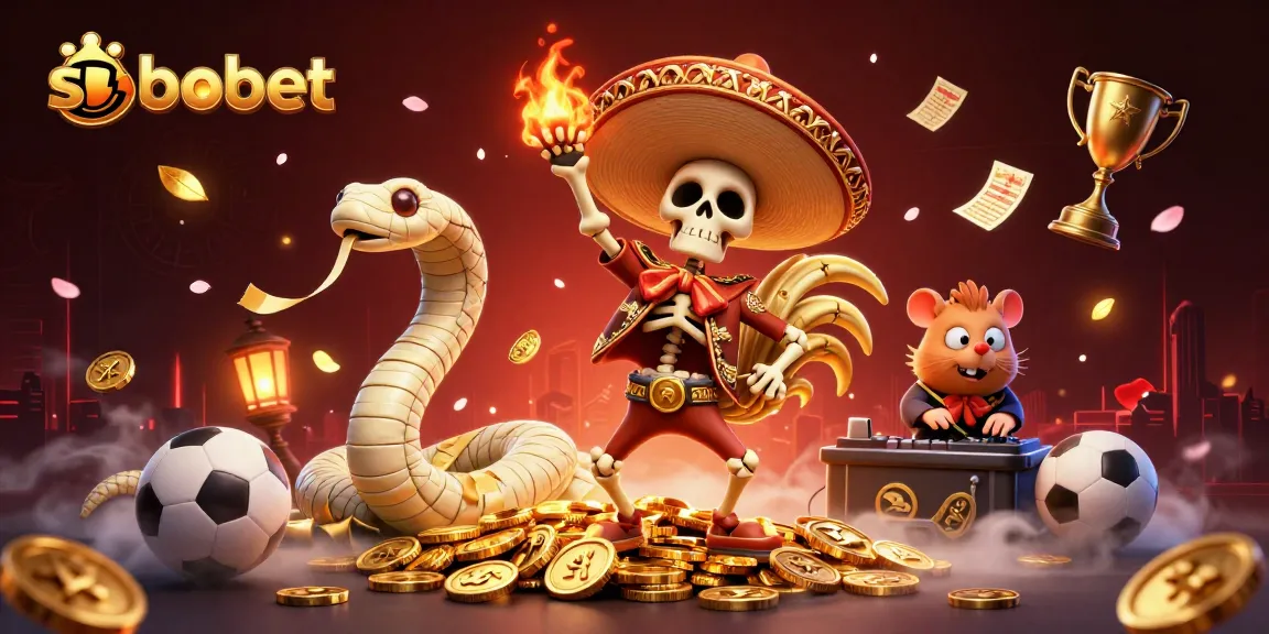 Experience sbobet with a vibrant 3D scene featuring a mariachi rooster, mummy snake, and hamster DJ in a sports betting theme.