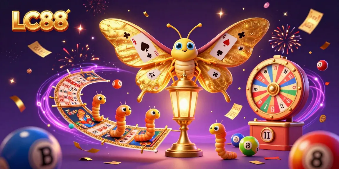 LC88 features vibrant lottery elements, golden moth, and dynamic games in a dazzling casino celebration.