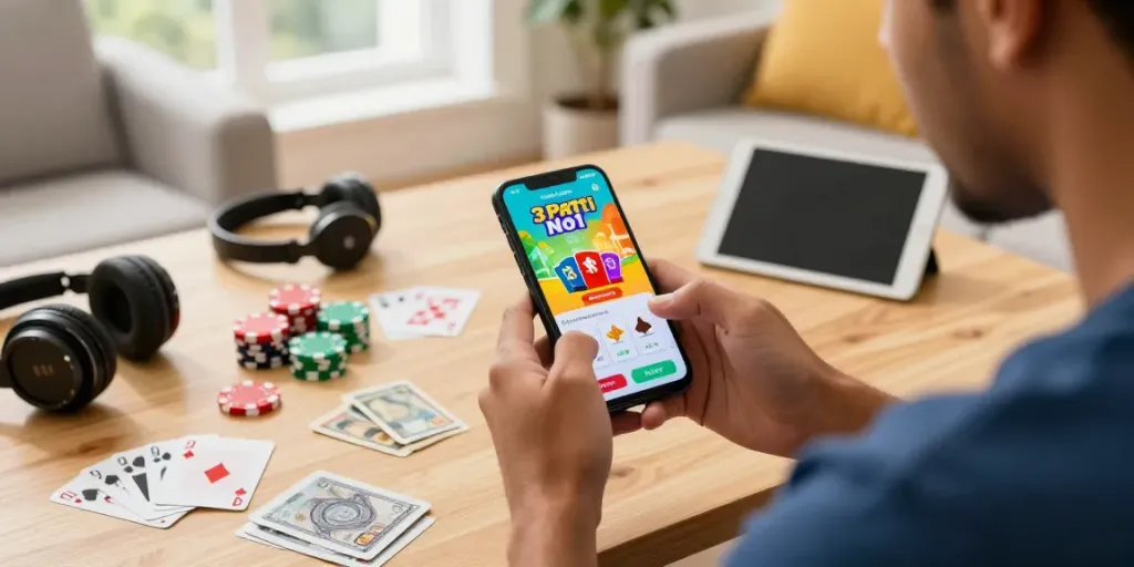 Gamer enjoying 3 Patti No1 app in a vibrant living room setup, surrounded by playing cards and chips.