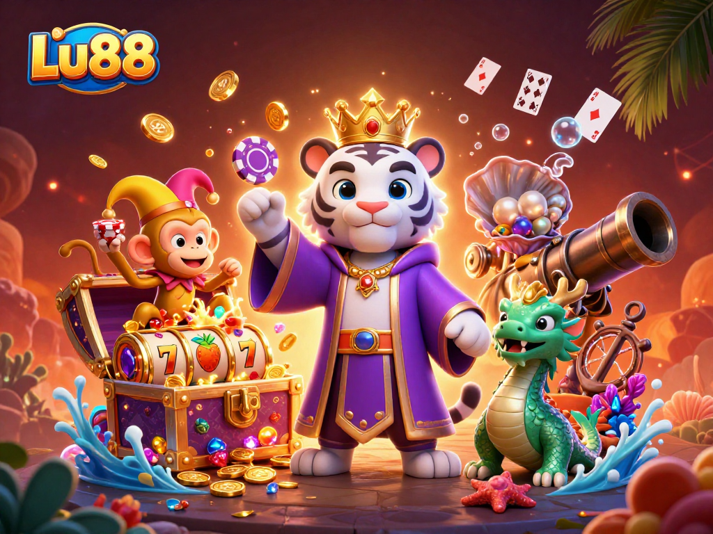 Experience Lu88's exciting gaming world as a white tiger and playful monkey juggle treasures!