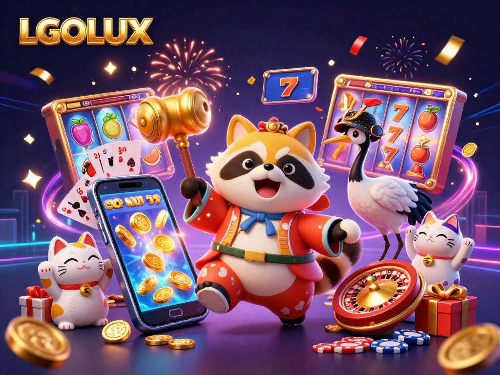 Experience LGOLUX with vibrant 3D illustration of cheerful tanuki and slot game excitement.