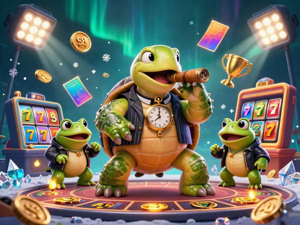 S8 casino scene with a snapping turtle in a mobster suit and slot machine elements for immersive gameplay.