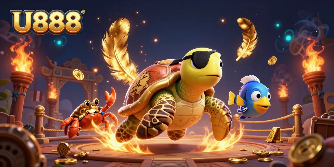 Experience the thrilling U888 casino adventure with a pirate turtle and friends amidst treasures and gold.