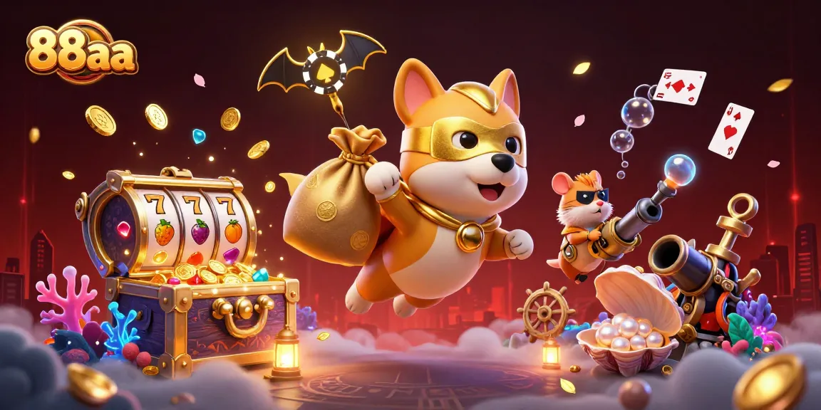 Experience the thrill of winning with 88aa's vibrant casino adventure illustration featuring a heroic dog and treasures.
