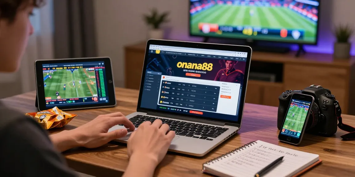 Engaging scene of a user exploring onana88 online betting platform at home with laptop and sports highlights.