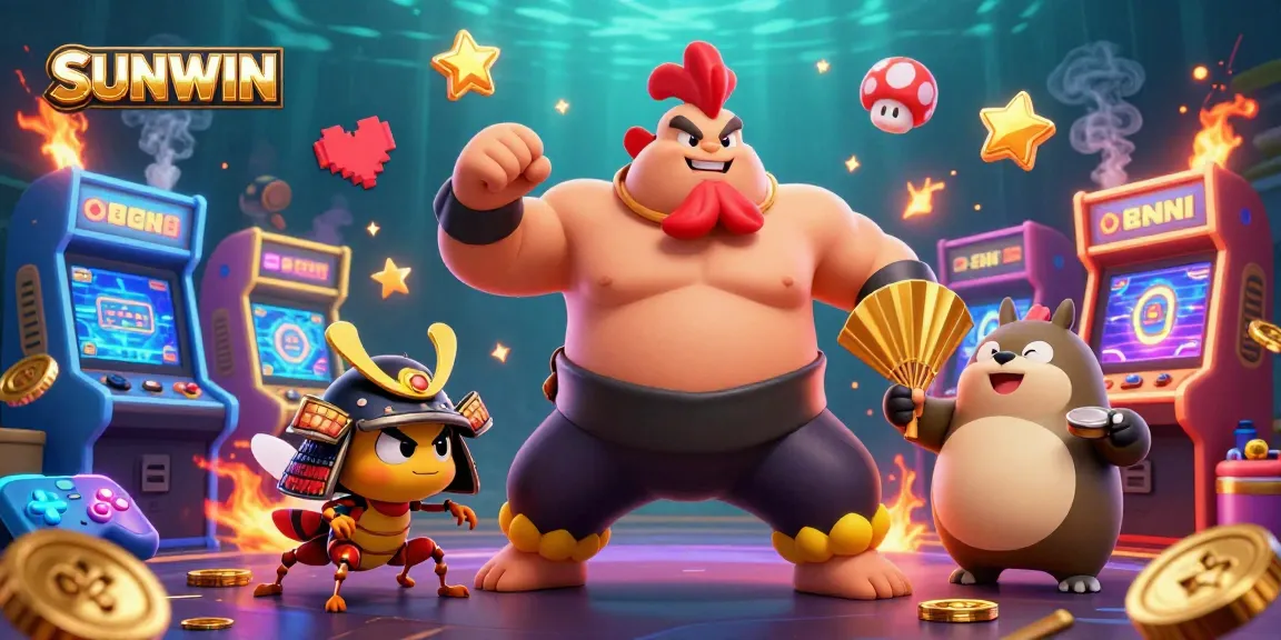 SUNWIN offers thrilling online games as a powerful sumo wrestler rooster stomps, surrounded by vibrant casino elements.