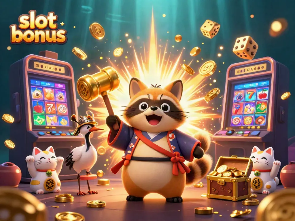 Experience the excitement of a slot bonus with cheerful characters and a vibrant casino scene.