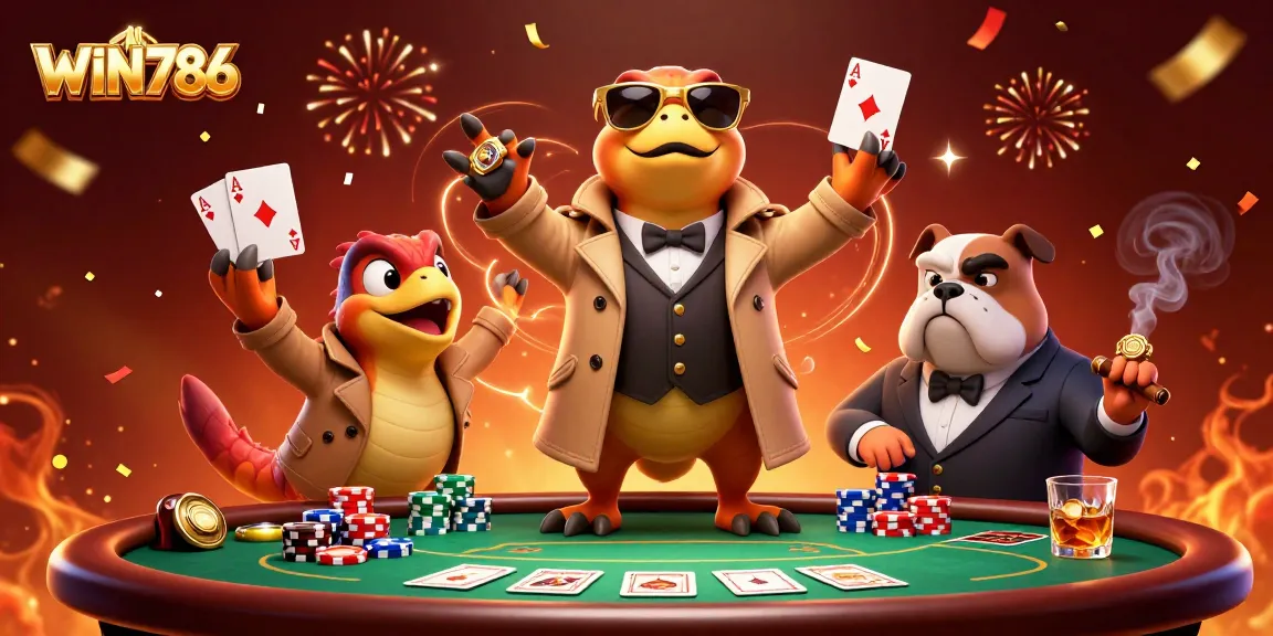 WIN786 raptors in trench coat entering casino lounge with poker chips and celebration confetti.