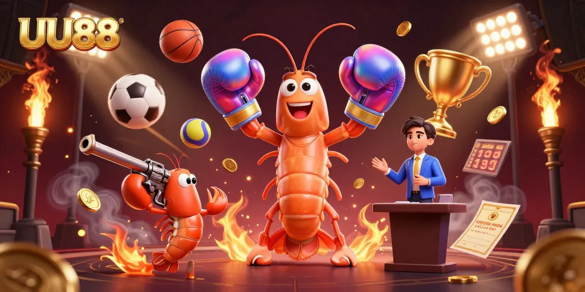 Experience thrilling betting with UU88 in a vibrant 3D casino scene featuring cartoon shrimp icons and dynamic elements.