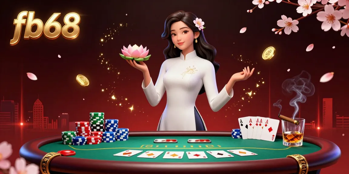Experience the excitement of fb68 with a stunning Asian woman in a casino scene, surrounded by poker elements and vibrant colors.