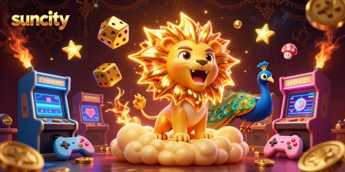 Suncity casino illustration depicting a sun lion, golden dice, and game machines, rich in detail and vibrant colors.