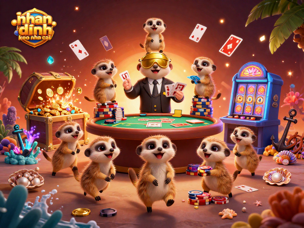 Experience dynamic gameplay in "nhan dinh keo nha cai" illustrated by lively meerkats managing a vibrant casino.