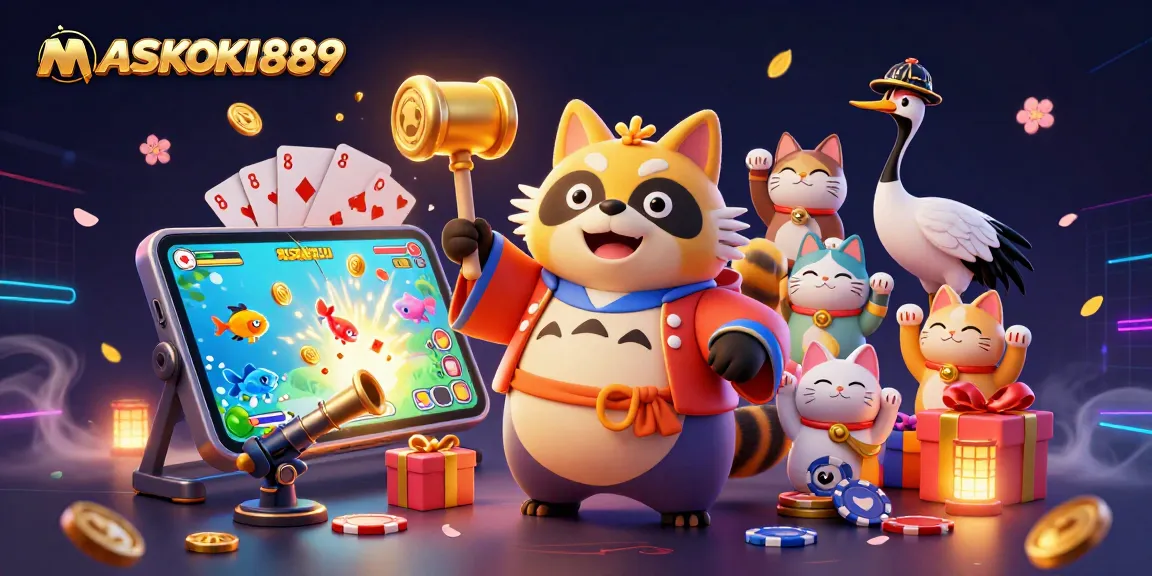 Engage with the thrilling action of MASKOKI889's vibrant fish shooting game featuring 3D characters and exciting game elements.
