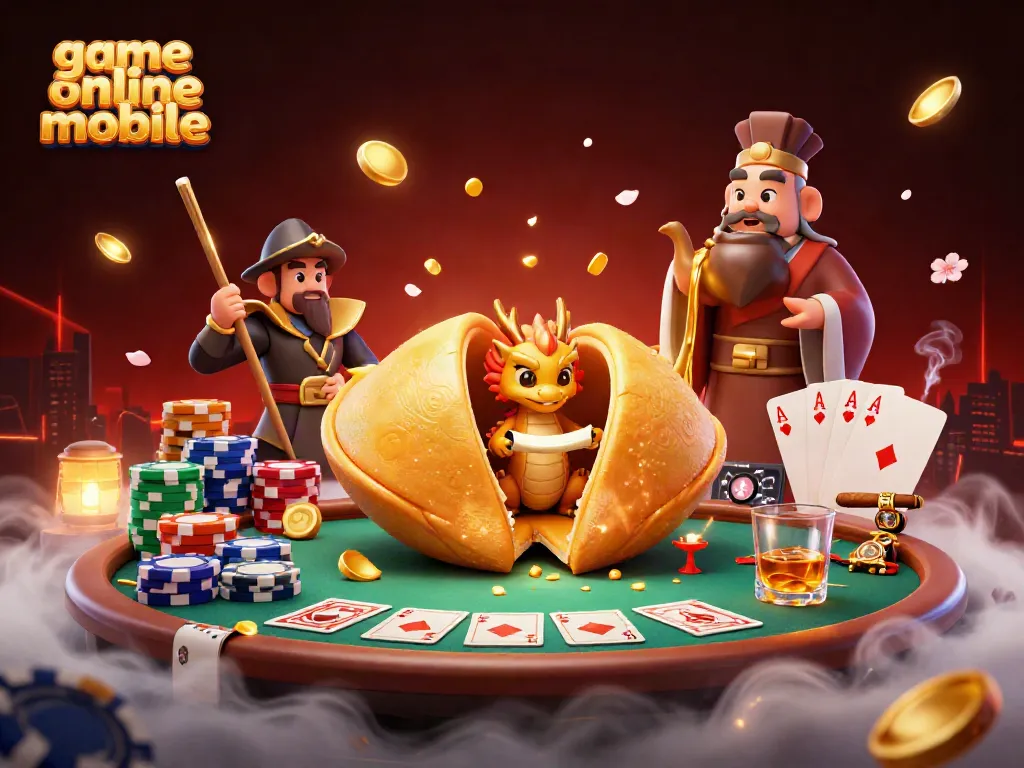 Menggulung permainan online mobile dengan ilustrasi 3D kartun yang menunjukkan kue keberuntungan emas dan naga bijak.