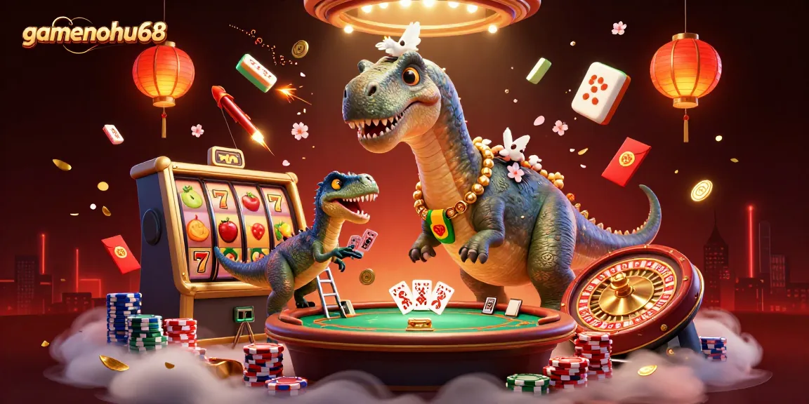 Experience gamenohu68’s vibrant casino atmosphere with a playful dinosaur and card games in action.
