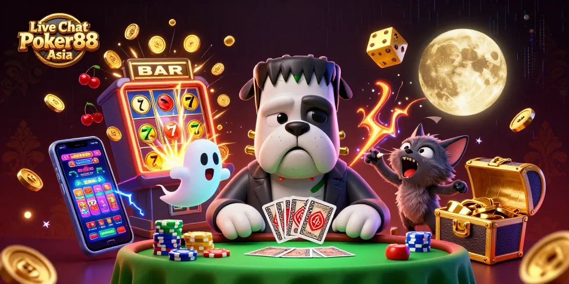 Engage in Live Chat Poker88 Asia with a lively illustration showcasing a poker scene and casino thrills.