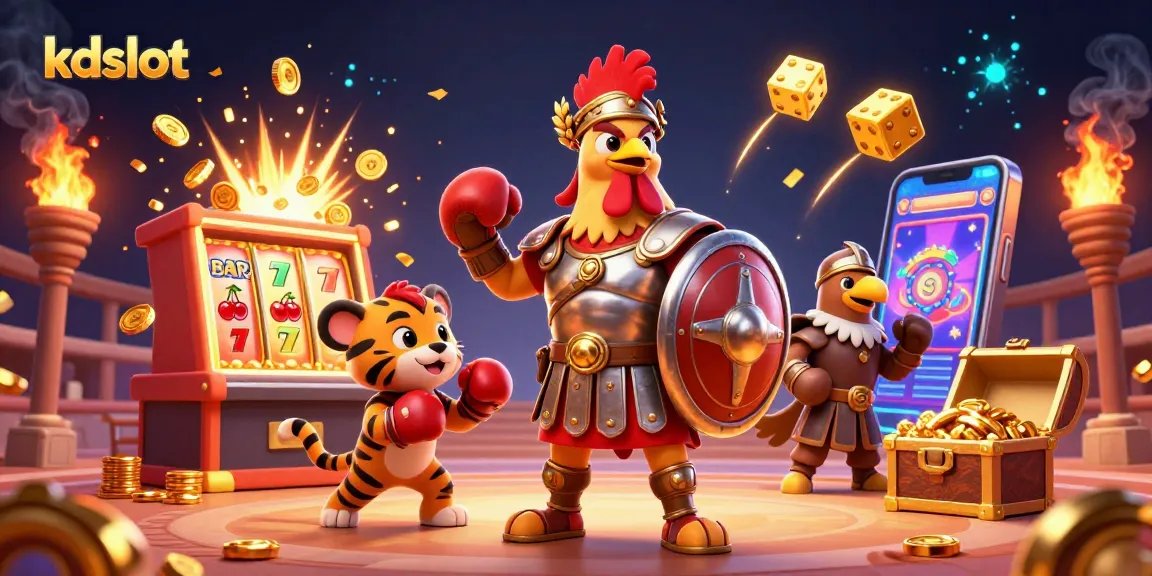 Engage with kdslot’s thrilling gameplay amidst a vibrant scene of energetic characters and flashy casino elements.