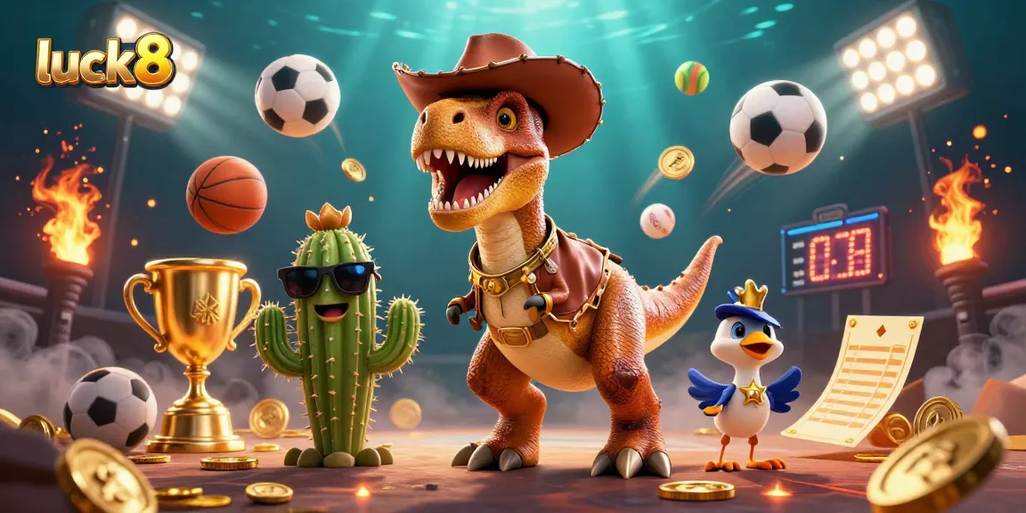 Engage with luck8's dynamic casino adventure featuring a T-Rex and friends enjoying thrilling betting fun.