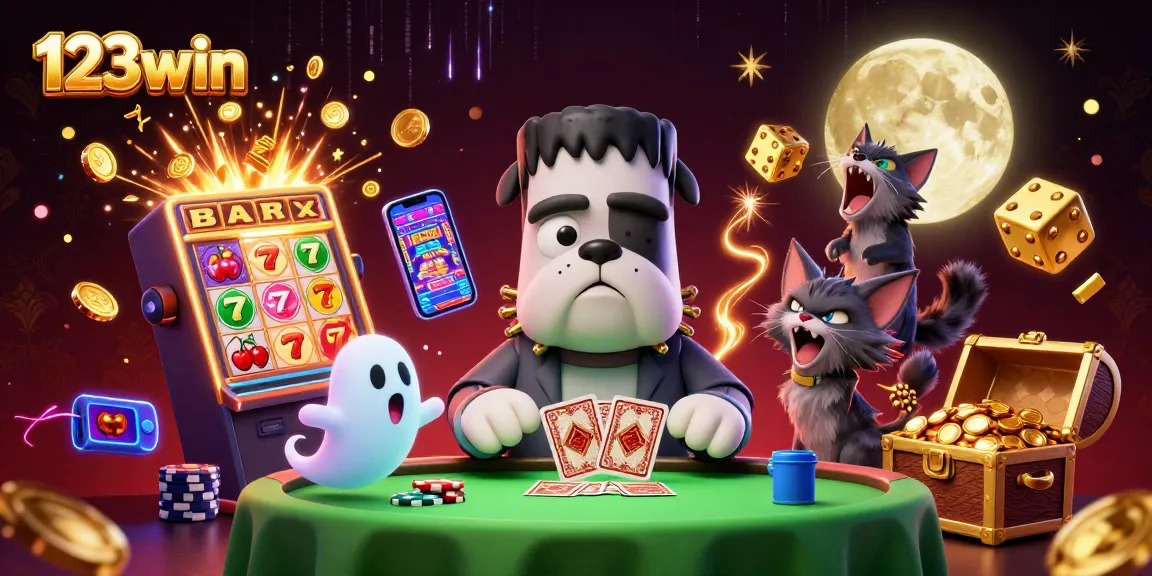 Experience thrilling action at 123win with a dynamic 3D casino scene featuring games, characters, and jackpots.