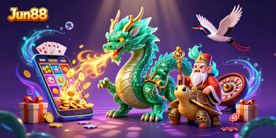Engage in Jun88's thrilling gaming action with golden fire-breathing dragon and vibrant casino elements.